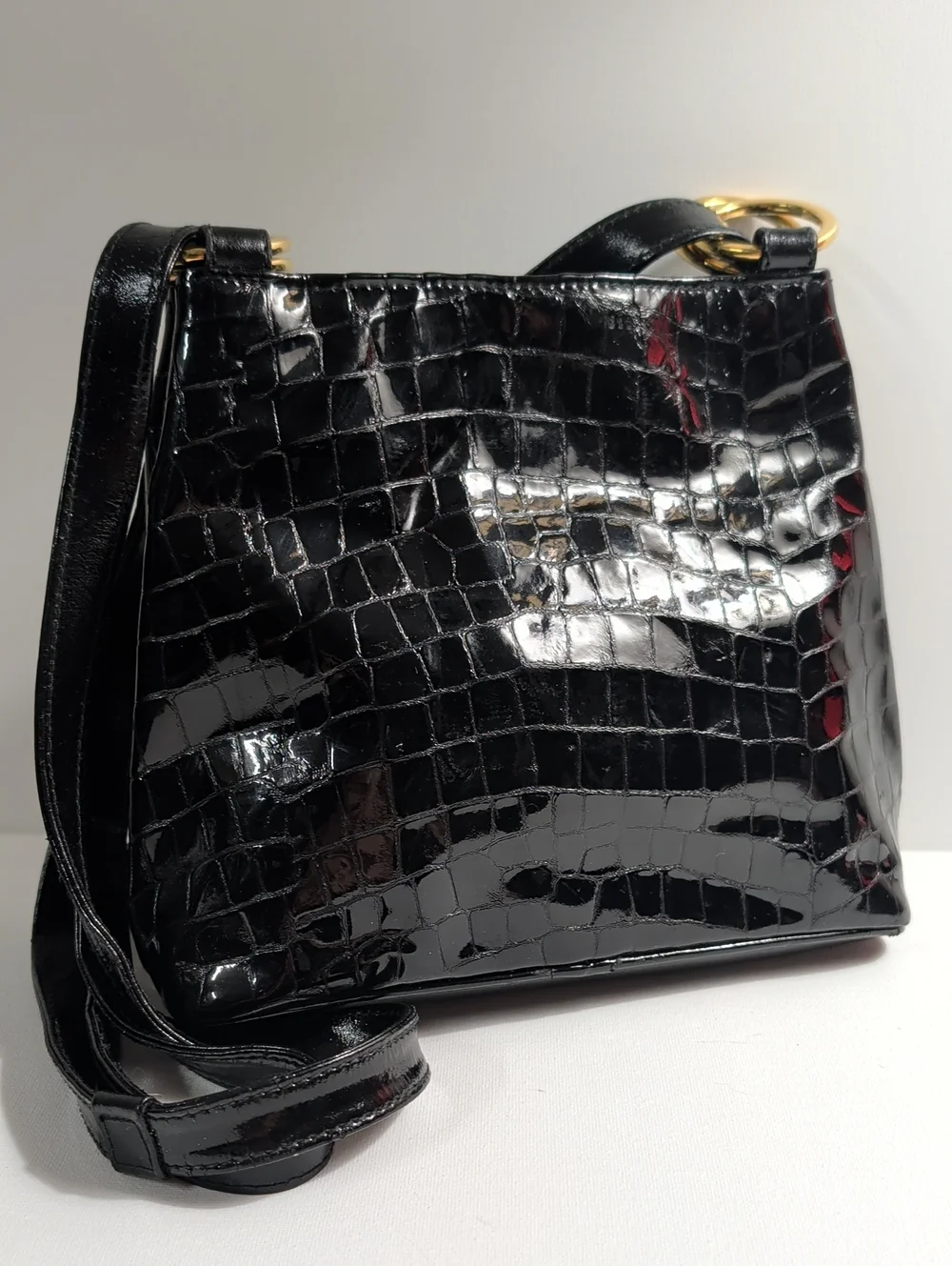 Vintage Paloma Picasso Black Alligator-Embossed Patent Shoulder Bag